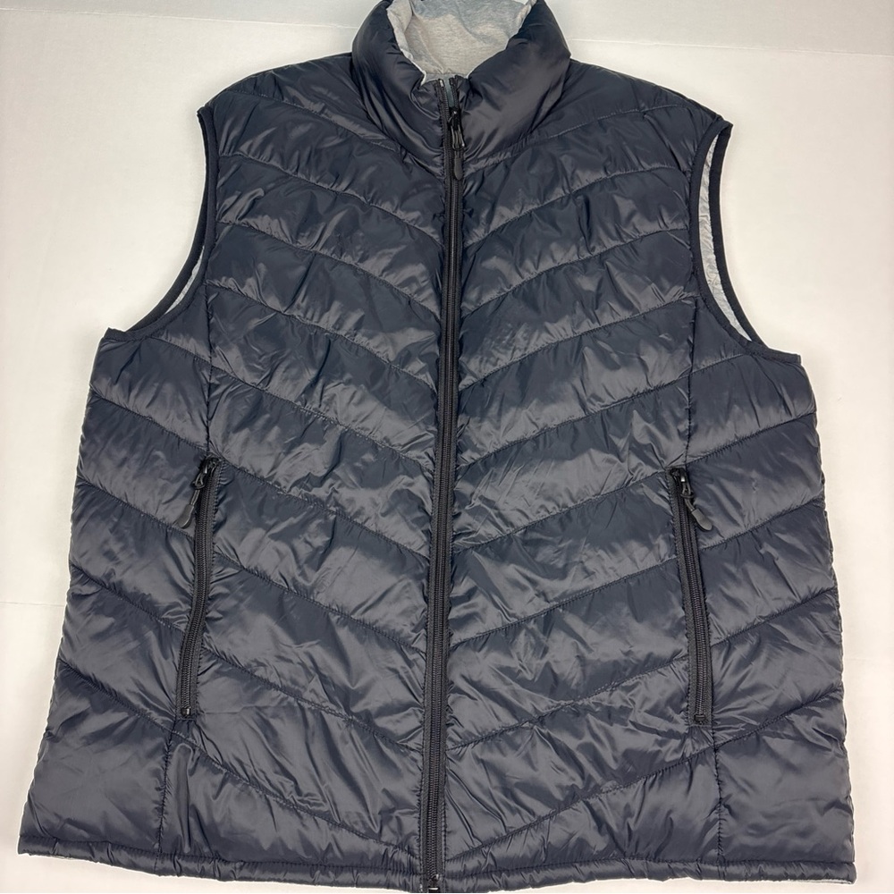 Black Rivet Men Large Vest Puffer Reversible Black Gray Sleeveless Nylon Poly